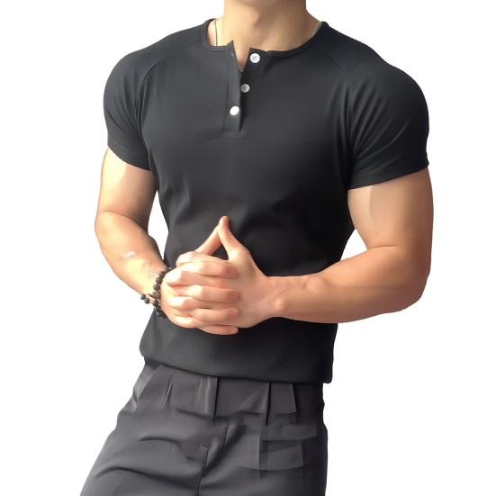 Men Tops V-Neck Buttons Half Placket Short Sleeve Tee Shirt Pure Color Slim Fit Summer Stretchy T-shirt Daily Wear XL