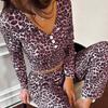 Womens Leopard Print V-Neck Short Crop Pajama Set Long Sleeve Top Pants Comfortable Lounge Wear