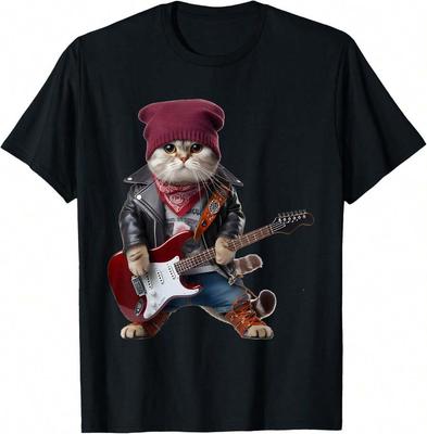 Cat Playing Guitar - Funny Rock Music Guitar Cat T-Shirt For Unisex