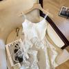 White Coquette Corset Camisole, Thin Spaghetti Strap Padded V Neck Asymmetric Sheer Lace Ruffle Long Tail Hem Slim Fitted Summer Tank Top