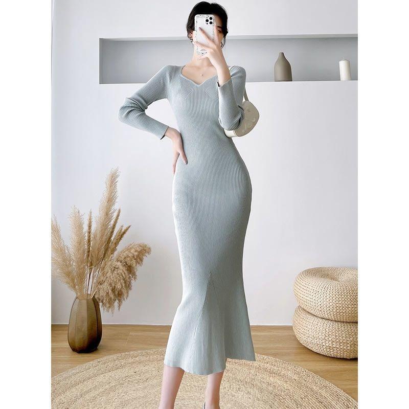 Autumn and winter new slim-fitting and thin knitted dress women's coat medium and long over-the-knee sweater skirt