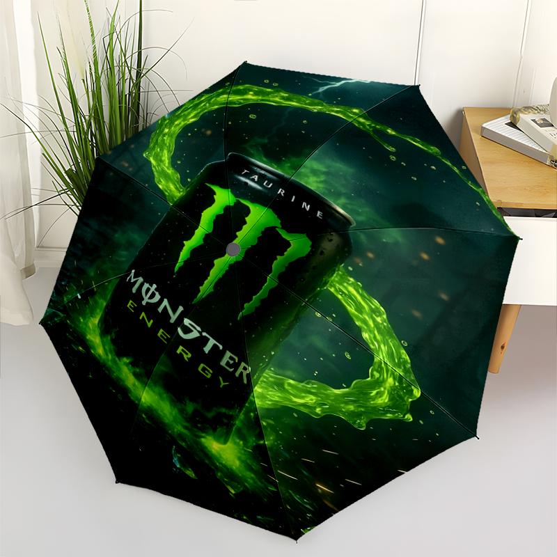 Monster Energy LOGO Print Automatic Umbrella, 8 Rib Iron Frame, Plastic Handle, Suitable for Outdoor Travel &Daily , Ideal Gift