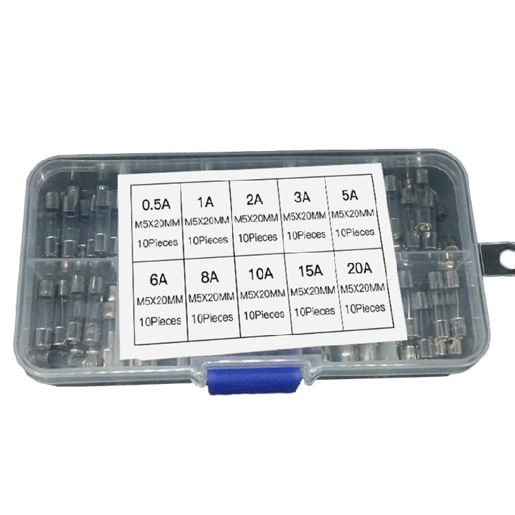 100pcs 250V Slow Glass Tubes 0.5-20A Fine Fuses Electronics Replacement for DIY