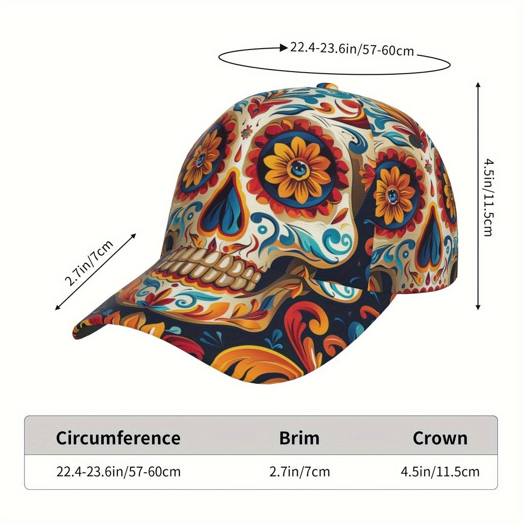Gothic Sugar Skull Print Baseball Cap Adjustable Breathable Lightweight | Daily Wear Outdoor Activities