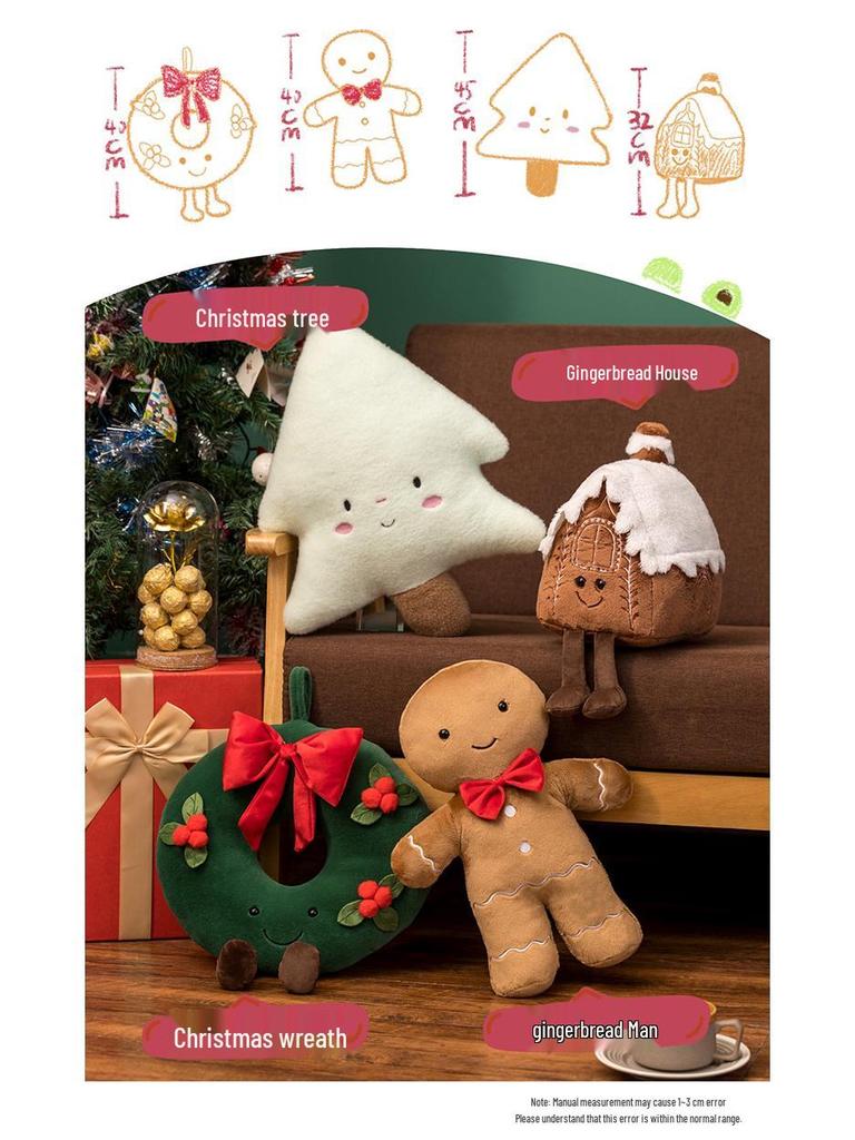 Christmas Holiday Decoration: Tree Plush, Apple Peace Wreath, and Gingerbread Man Throw Pillow.