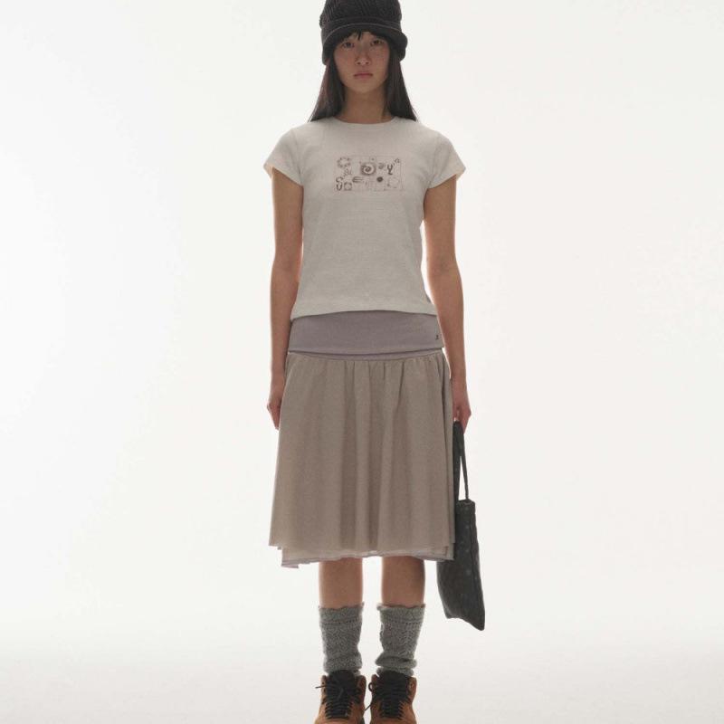 Japanese Niche Double-Layered Ribbed Waist Gray Ballet-Style Fluffy Skirt for Women