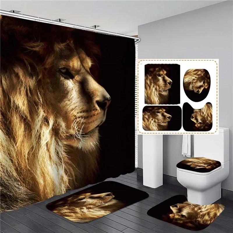 Black Tiger Animals Printed Shower Curtain Set Bathroom Bathing Screen Anti-Slip Toilet Lid Cover Carpet Rugs Kitchen Home Decor