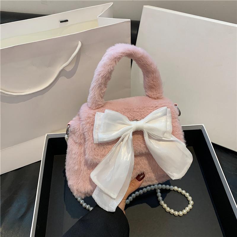 Süße Schleife, süße, mädchenhafte Plüschtasche, Pendeltasche aus Plüsch mit Perlen, Hand-Schulter-Umhängetasche