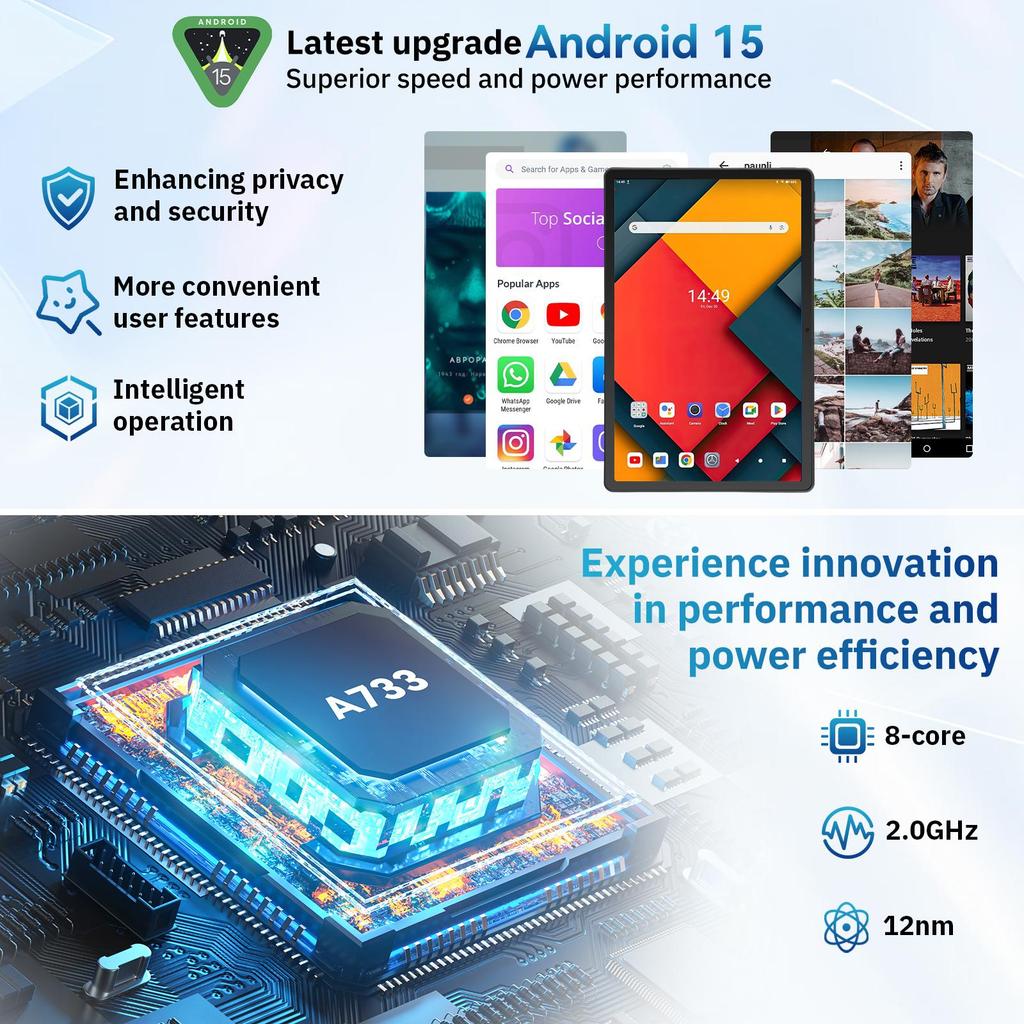 Android 15 Tablet, 10.1 Inch, 30GB+128GB, 6200mAh Battery, Keyboard Mouse Set, WiFi 6