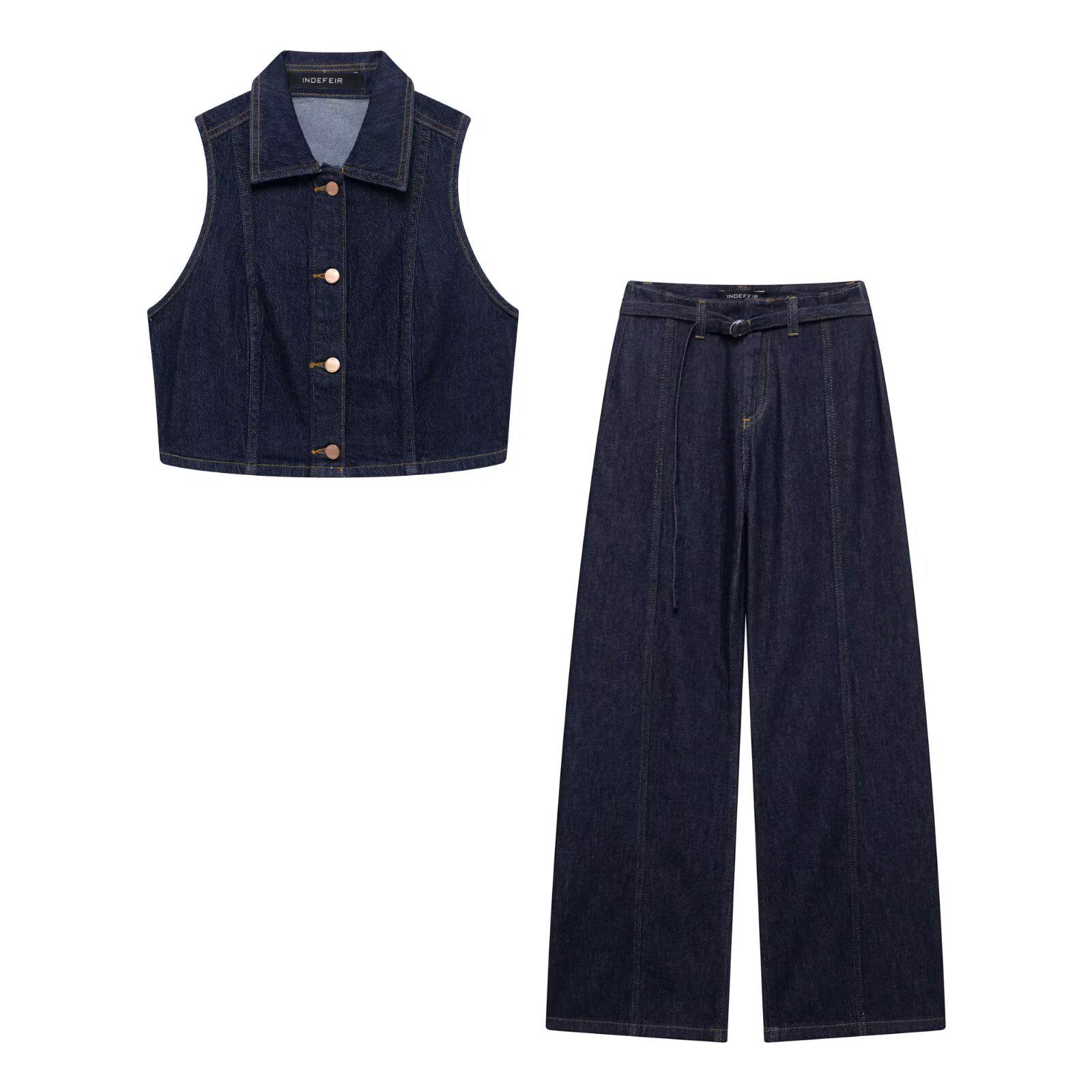 

European & American Style 2025 Spring Fashion Set: Denim Vest & Wide-Leg Pants XS