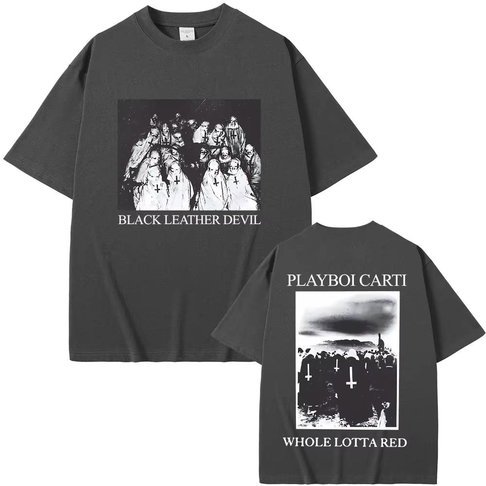 Rapper Playboi Carti Schwarzes Leder Teufel Whole Lotta Red Grafik T-Shirt Herren Vintage Übergroßes T-Shirt Cooles Hip Hop Opium T-Shirt