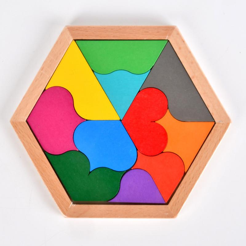 Hexagon Tangram Puzzle Wooden Jigsaw 7 Pieces for Children and Adults Challenging Brain Training Logic Toy Home Play