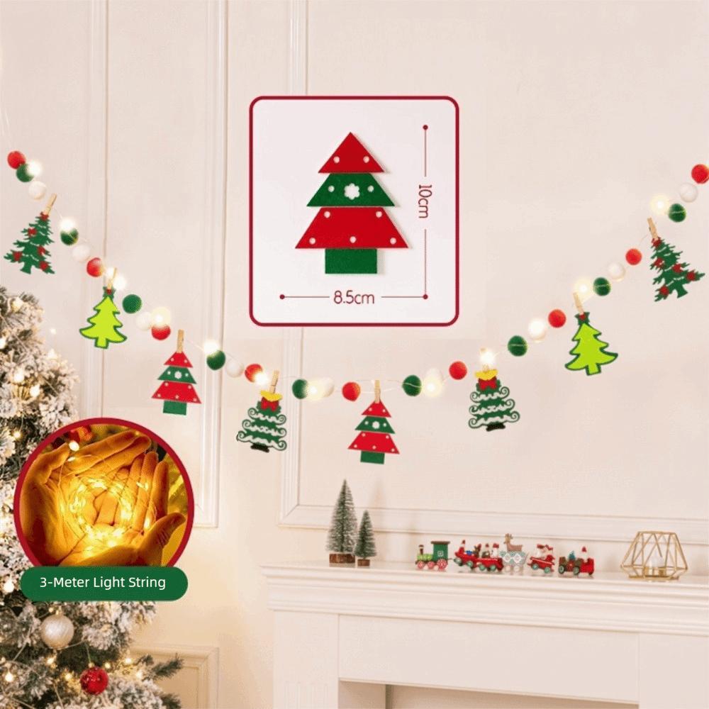 Festive Lights Felt Christmas Banner Decorated DIY Handmade Christmas Pendant Furry Balls LED String Light Home Room