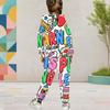 Girls Red White Printed Hooded Two Piece Set Long Sleeve Kangaroo Pocket Top Cuffed Pants