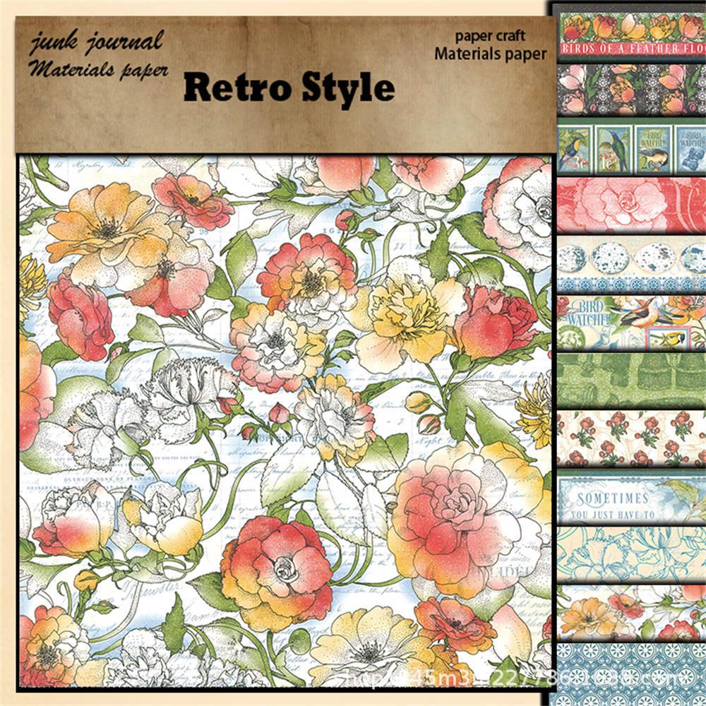 12 Sheets Retro Bird & Flower Background Paper for Journaling and Collage.