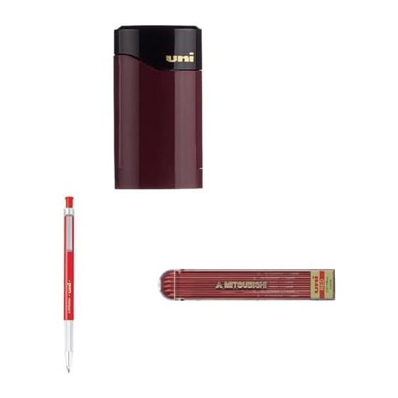 Mitsubishi Pencil Pencil Sharpener uni for 2.0mm Lead, Pocket Size DPS6001P + Mitsubishi Pencil Mechanical Pencil Uni Holder 2 for Architecture, Red