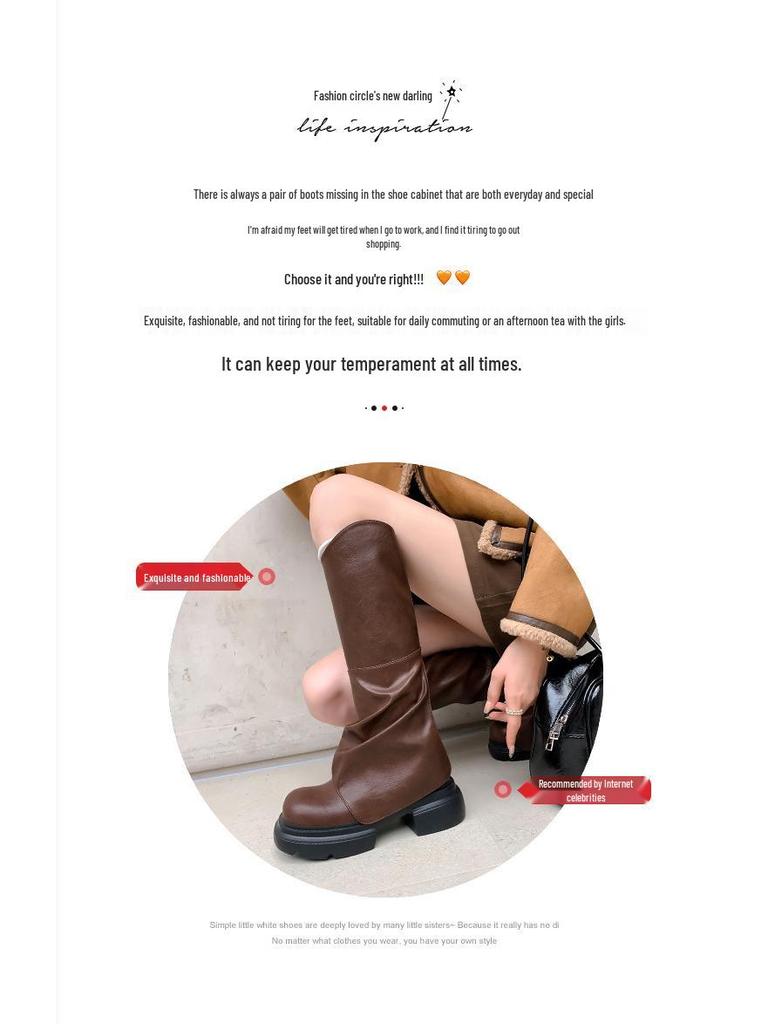 Women's Soft Leather Knee-High Ruched Boots with Thick Sole - 2024 Autumn/Winter