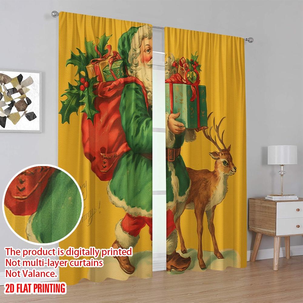 2pcs,2D Plane Printing Curtains Digital Printed Vintage Santa & Reindeer (2) Durable 100% Polyester Fabric (without Rod)