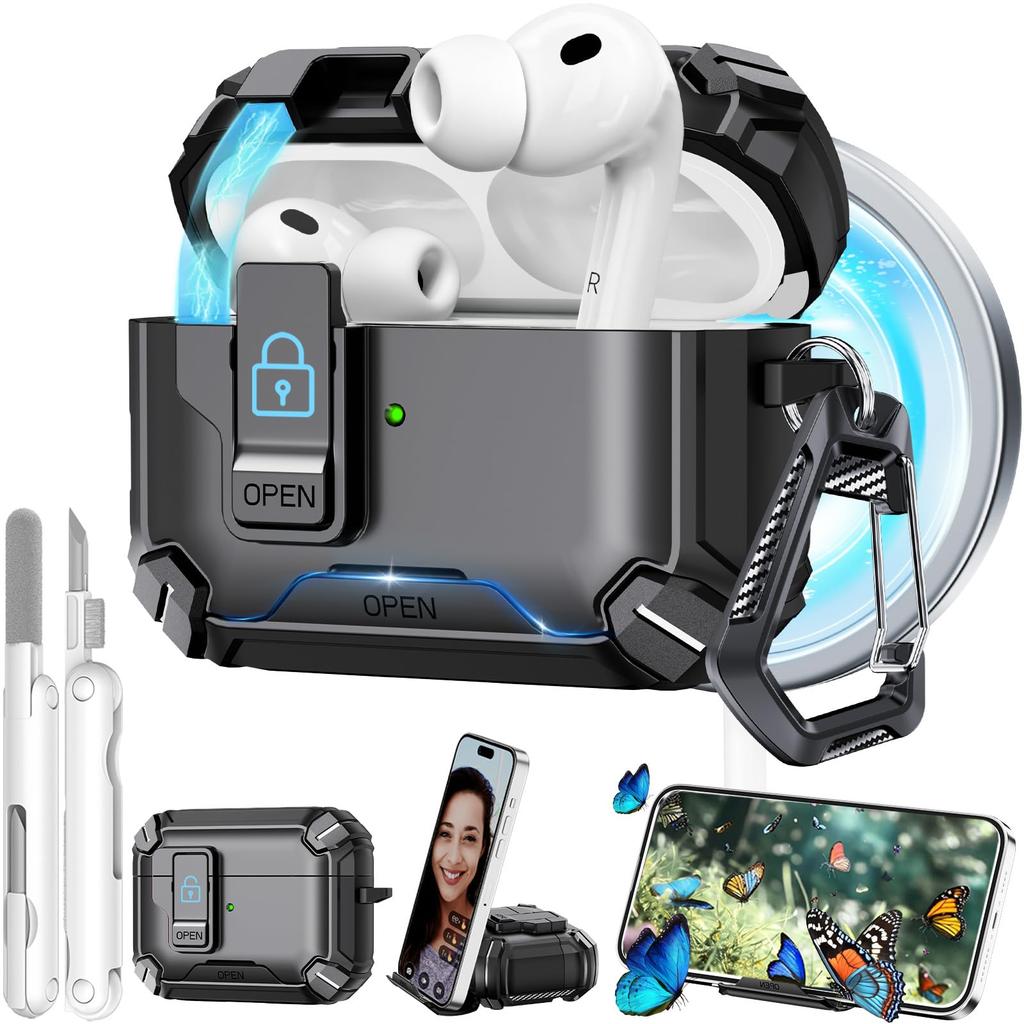 Transparente Hülle für AirPods Pro 3 Hülle mit Handyhalterung und Sicherheitsverschluss Automatisches Aufklappdeckeldesign mit Reinigungsstiftabdeckung für AirPods Pro 3