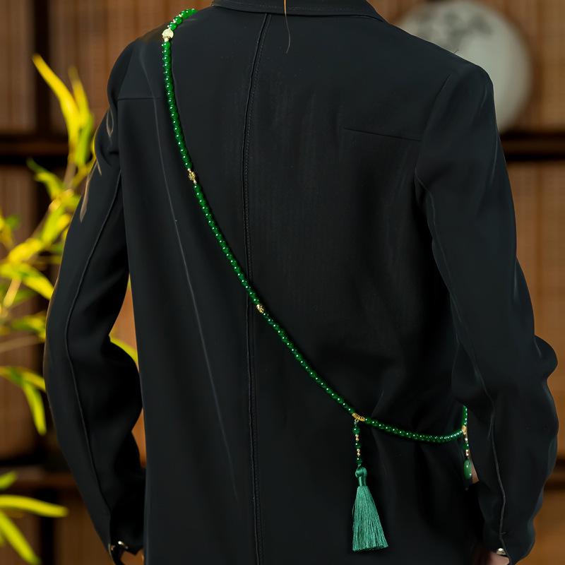 Green Beaded Tassel Crossbody Necklace - Retro Chinese Style Sweater Chain Accessory