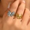 Vintage Bow Ginkgo Leaf Textured Open Stainless Steel Ring for Women