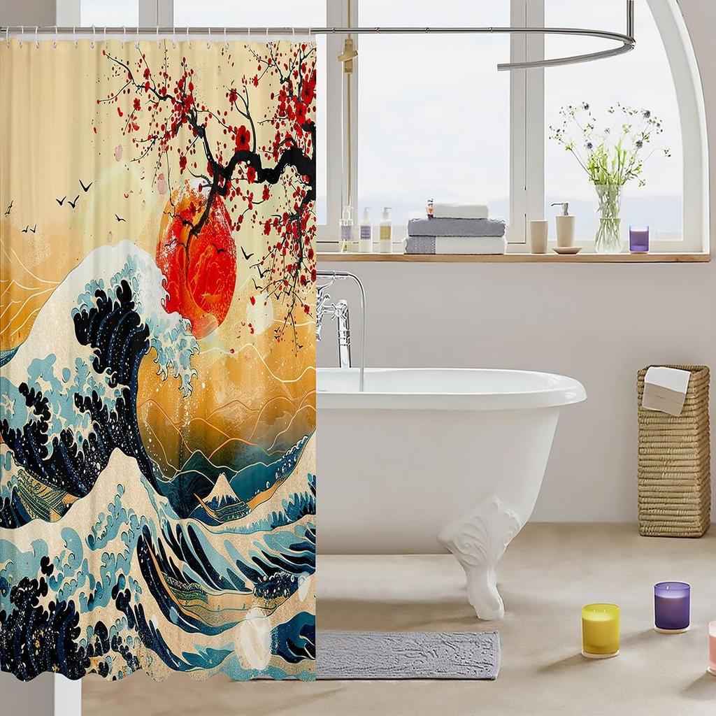 Japanese Wave Shower Curtain Kids Cherry Blossoms Bathroom Shower Curtain Set For Boys Girls Japanese Ukiyoe Theme Home Decor