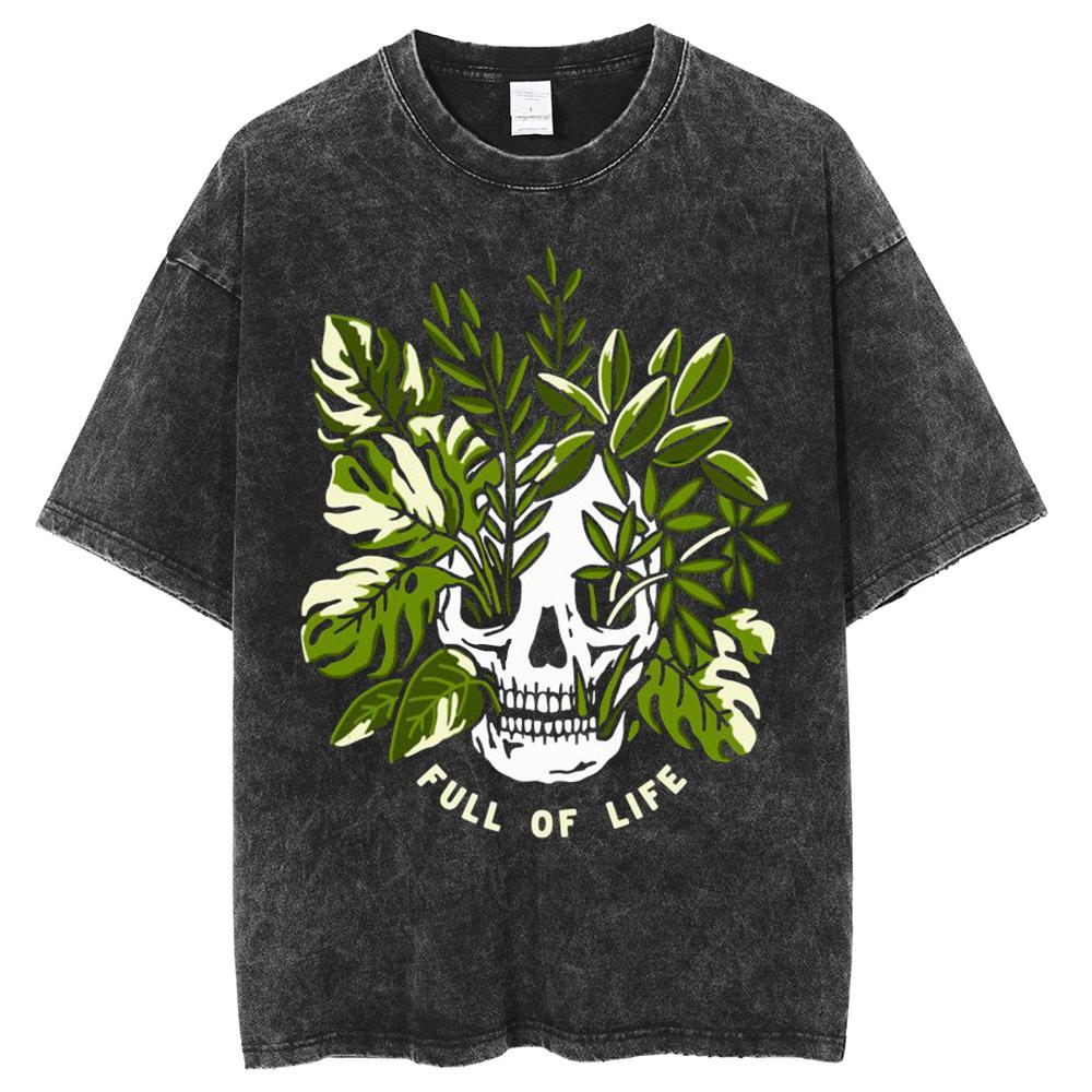 Couple T-Shirts Loose Oversized Wash Denim Tees Skull Botanical Print Casual Chic Unisex Short-Sleeved Vintage Top