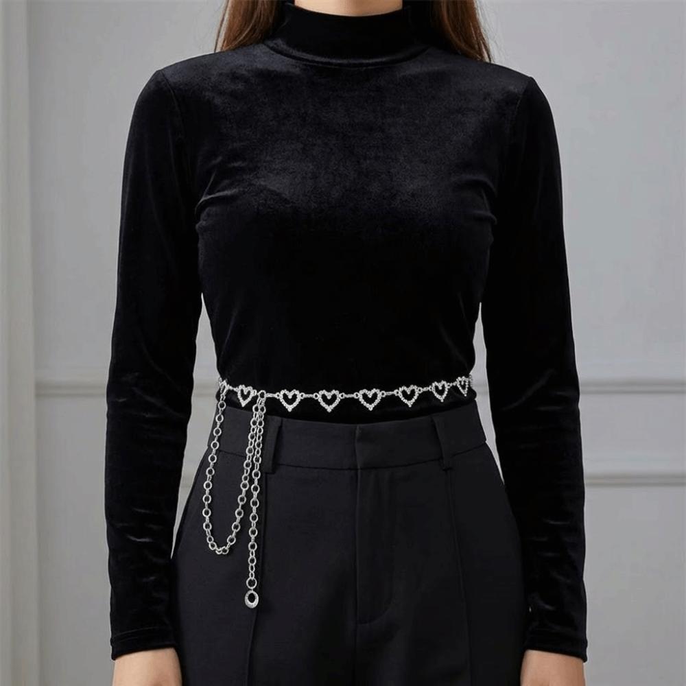 Fashion Rhinestone Heart Waist Chain for Women Girls Adjustable Body Belt Belly Body Jewelry Tassel Design for Dresses Jeans