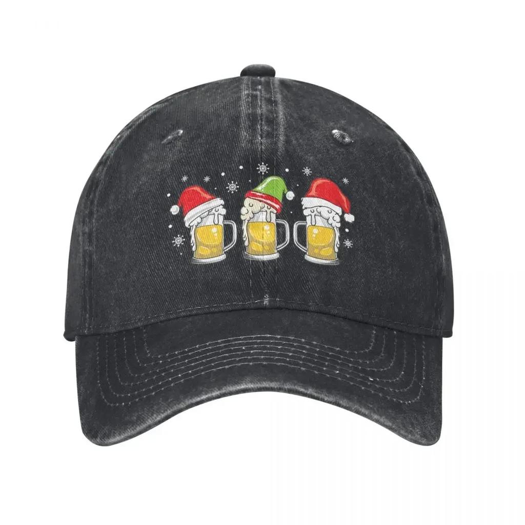 Christmas Beer Mugs Santa Hat Baseball Cap Retro Distressed Denim Sun Hat Casual Adjustable Unisex