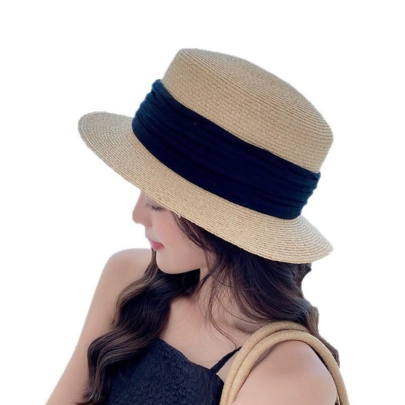 New summer women's flat top hat, thin hat, fashionable and simple outdoor sunshade vacation beach hat