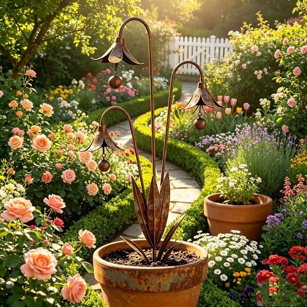 Rustic Three Calla Lilies Sculpture Iron Art Floral Stake Ornament  Outdoor Yard