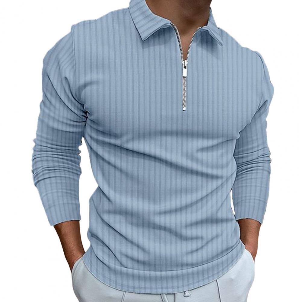 Fall Men Shirt Zipper Turn-down Collar Long Sleeves Pure Color Striped Slim Fit Pullover Formal Business Style Daily Top
