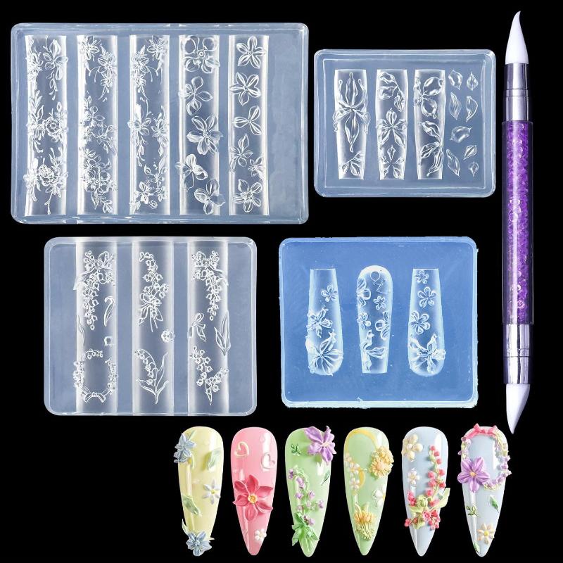 4pcs Relief Lily Flowers Nail Carving Mold 3D Silicone Hibiscus Flowers Petals Modeling Templates With Carving Pen Nail Tools