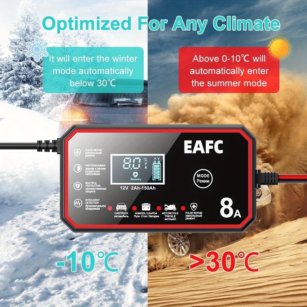 EAFC EU Plug 12V 8A Smart Car Battery Charger with LCD Display, Intelligent Pulse Repair Battery Charger - for Lead-Acid & LiFePO4 Batteries