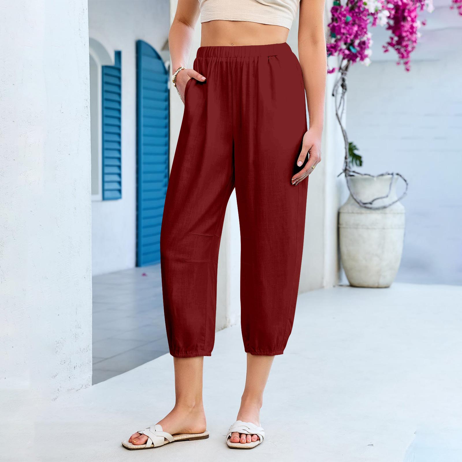 

Pants For Women High Waisted Pull Elastic Waist Casual Summer Capris Beach Vacation Pants XXL винний