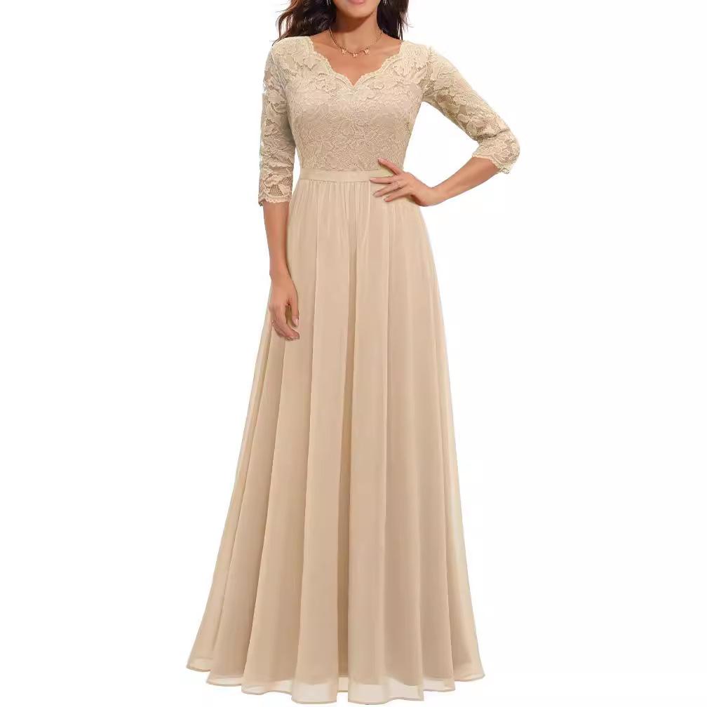 Women's V Neck Three Quarter Sleeve Lace Top Flared Chiffon Maxi Dress Beige