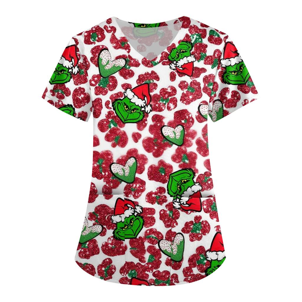 Tops de Uniforme de Trabalho Estampados Plus Size para Mulheres com Decote V Cruzado, Estampa de Manga Curta Divertida, Camiseta de Trabalho com Bolsos