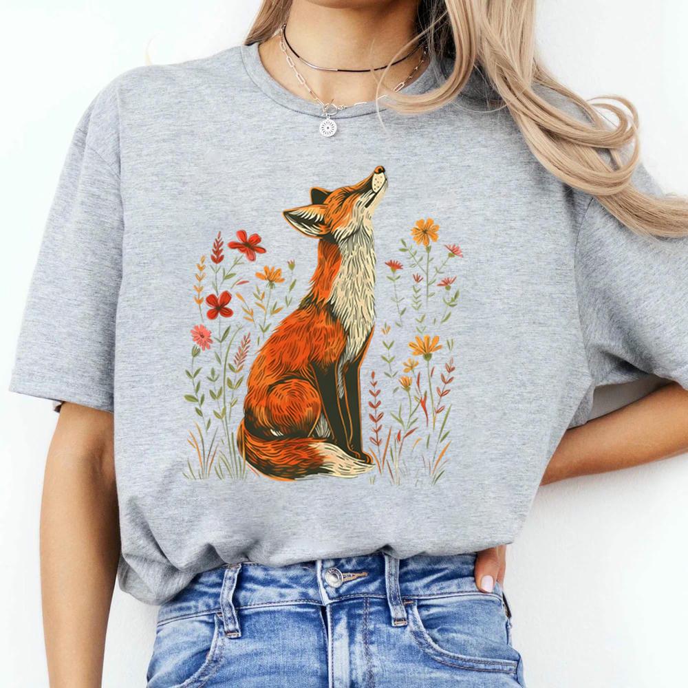 Vintage Wildflower Fox Comfort Shirts Light Academia Cottagecore Forestcore Whimsical Shirt Casual Daily Y2K Top Streetwear