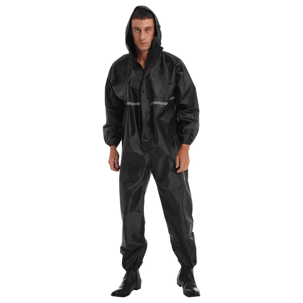 Tuta Impermeabile da Uomo Striscia Riflettente Tuta da Pioggia Manica Lunga Design con Cappuccio Copertura Cerniera Impermeabile Abbigliamento da Lavoro per Esterno