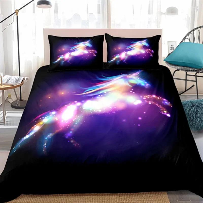 Jednorožec King Queen Povlak na přikrývku Kreslené zvíře Rainbow Universe Sada povlečení pro děti Teen Cosmic Starry Sky Polyester Povlak na přikrývku