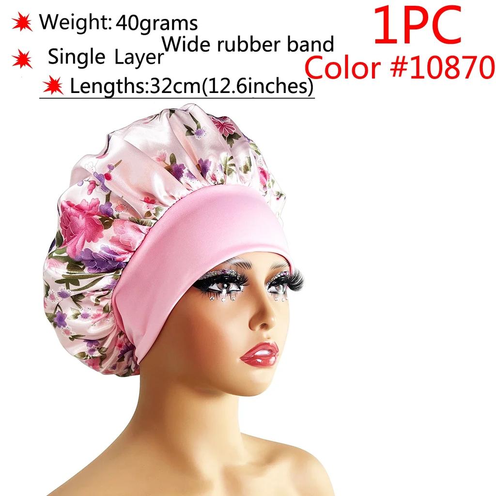1 Stück Damen Satin Bonnet Elastisches breites Band Nachtschlafmütze Haarausfall-Abdeckung Kopfwickel Lockiges Federndes Haar Schönheit Chemo Cap Pflege