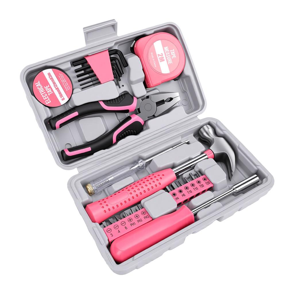 24-teiliges Mini-Werkzeugset mit rutschfestem Griff, Pink, Tragbares Handwerkzeug-Set für Frauen, Heimwerkerwerkzeug