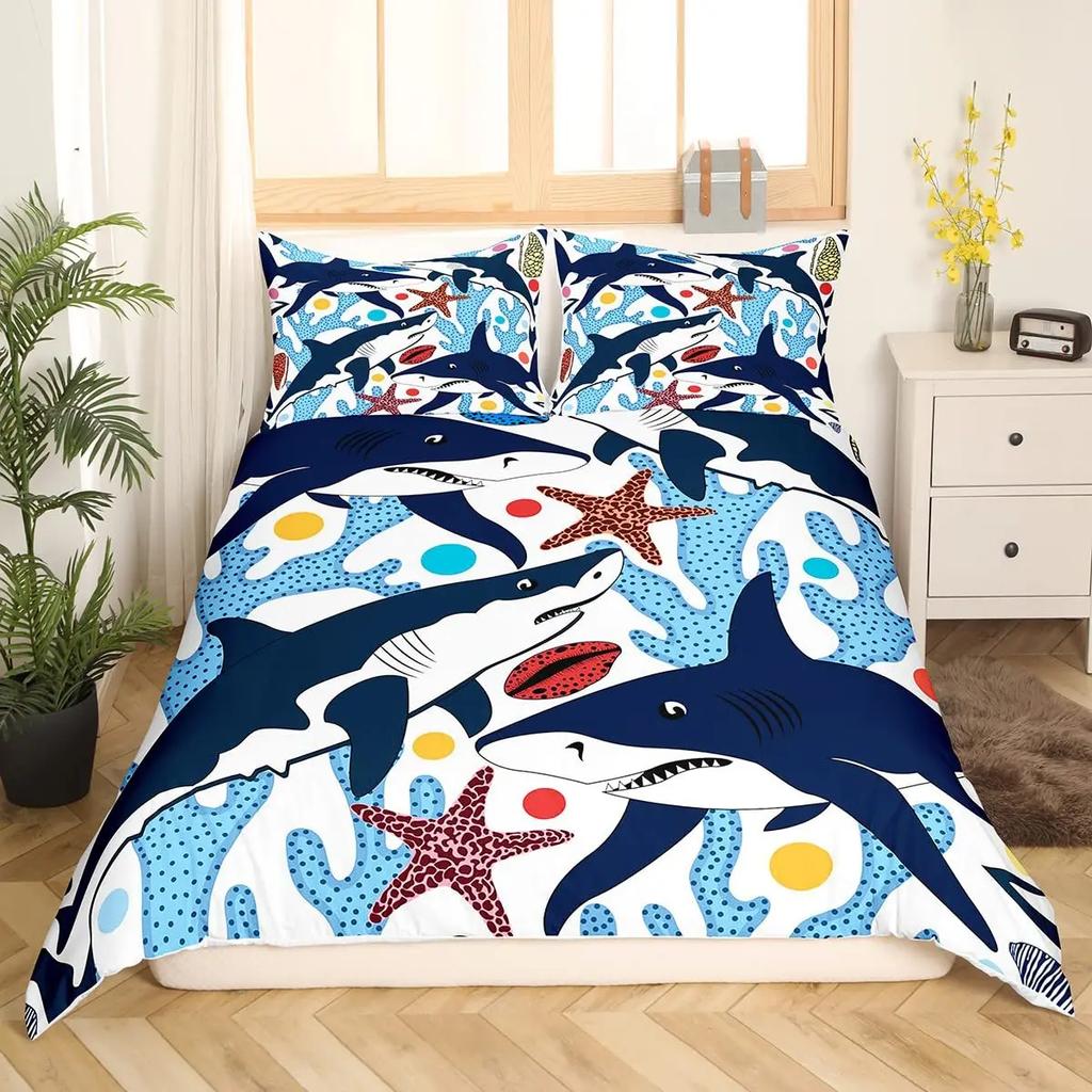 Copripiumino per Bambini con Stampa di Pesce Squalo Cartone Animato Blu e Bianco Decorazione di Lusso per la Camera da Letto di Bambini e Adolescenti Regalo Misura Queen