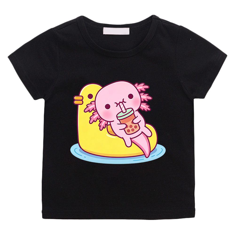 Cute Pink Axolotl Children's T-shirt Cartoon Print 100 %Cotton Tees Round Neck Boys Girls Short Sleeve Casual Kids Top Summer