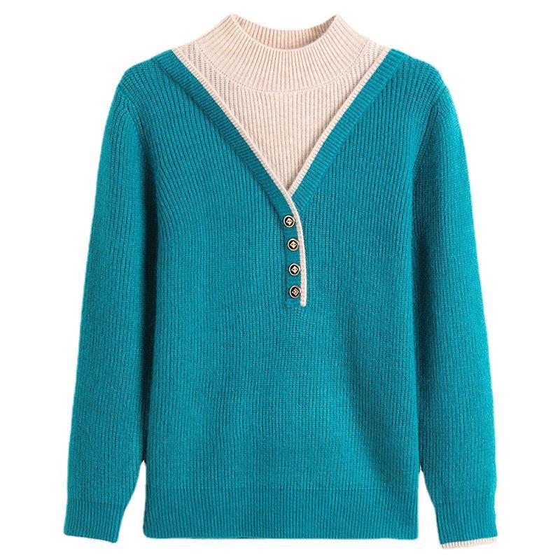 Suéter de cuello medio para mujer, holgado, versátil, estilo occidental, imitación de dos piezas, camiseta de punto básica, otoño e invierno