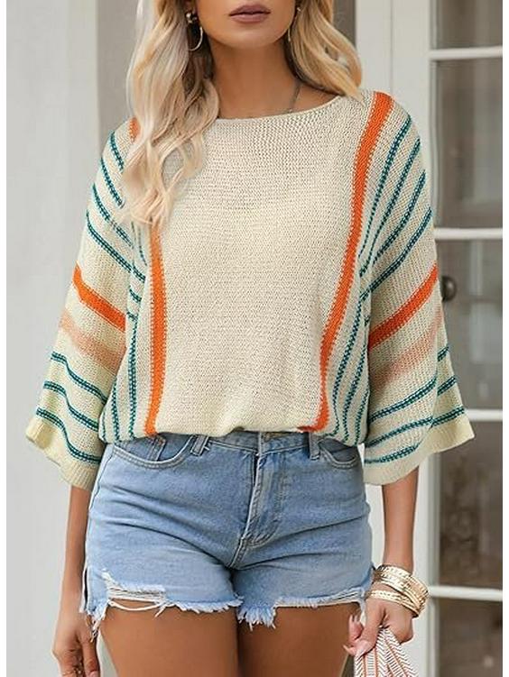 

Женский вязаный пуловер в полоску с цветными блоками - Рукава средней длины, Универсальная повседневная мода Small грязно-белый