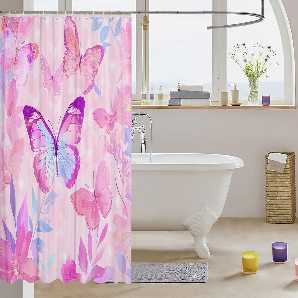 Cortina de Chuveiro Borboleta Rosa Fantasy Mariposa Conjuntos de Cortinas de Chuveiro para Banheiro Florido Romântico Impermeável Cortinas de Banheiro Estética