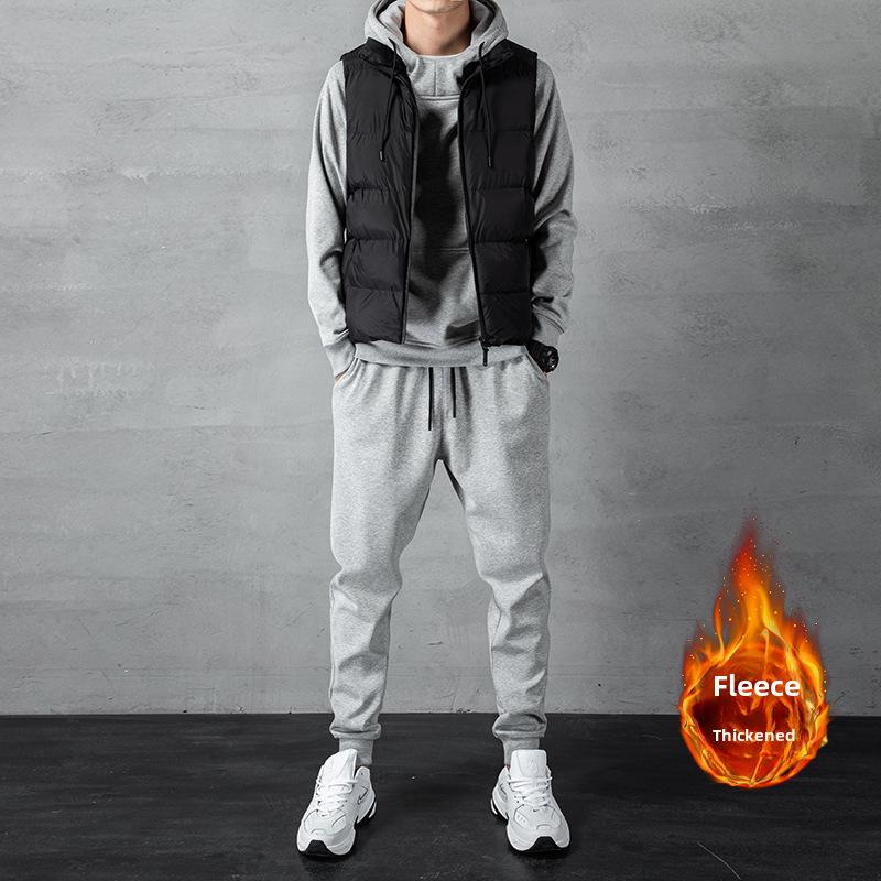 

Мужской свитер с капюшоном: Осенне-зимний корейский стиль, больших размеров, утолщенный бархатный кардиган и жилет из трех частей. M