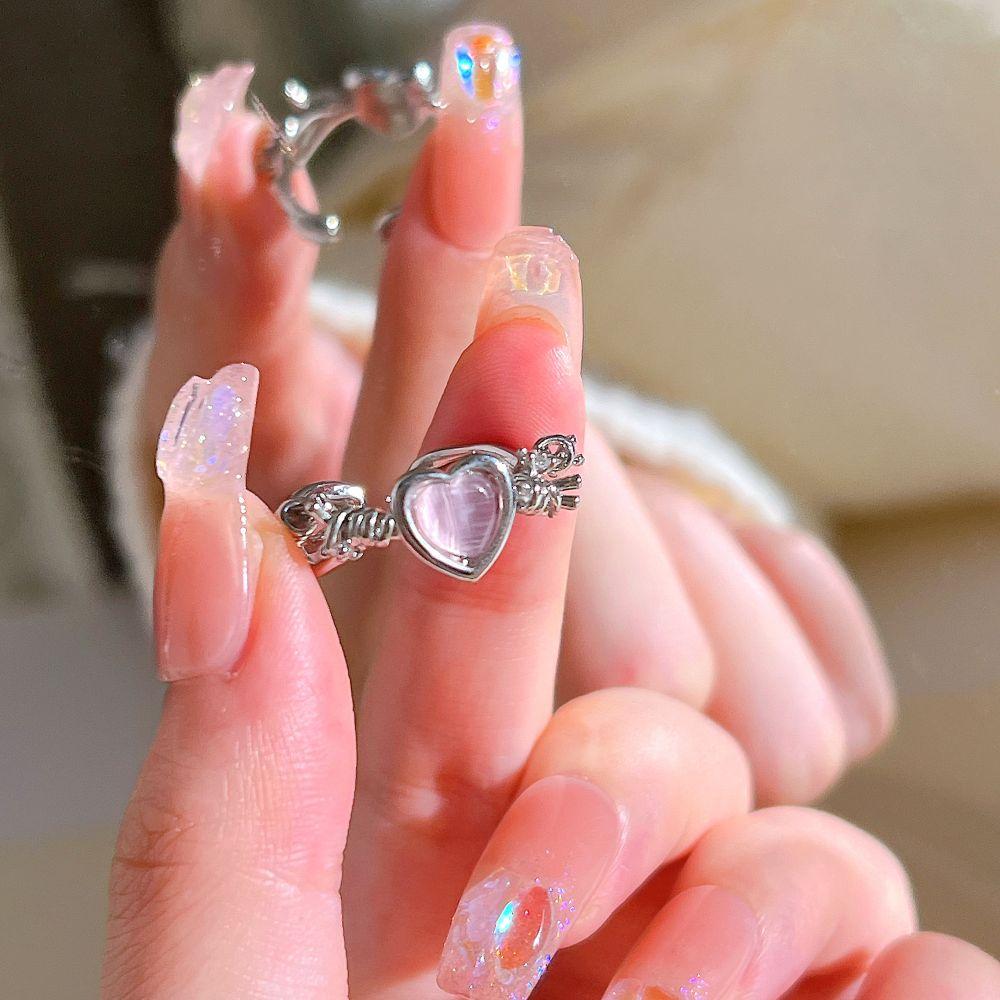 Y2K Pink Crystal Irregular Heart Ring Vintage Shiny Zircon Opal Love Open Ring for Women Kpop Punk Girl Party Jewelry Gifts 2023