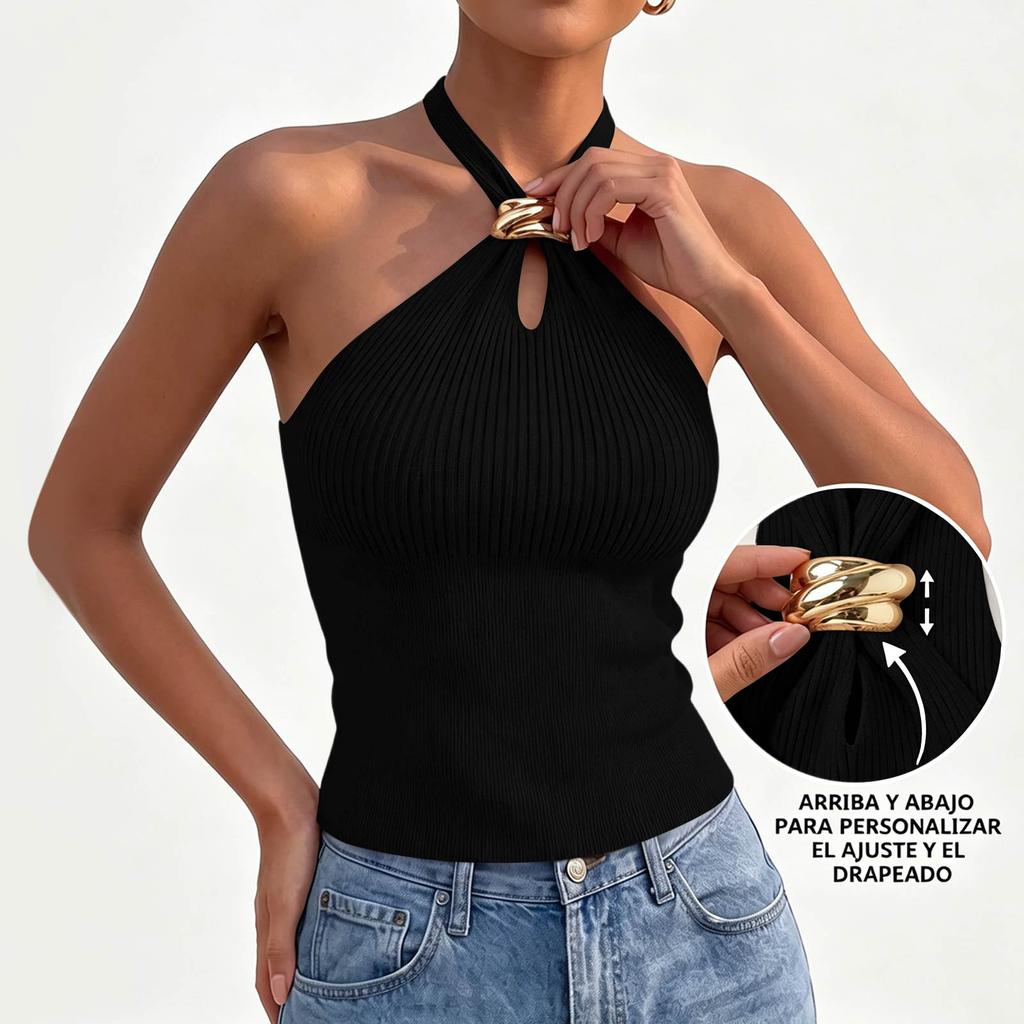 Women Sleeveless Ribbed Knit Halter Neck Crop Top with Metal Ring Buckle Slim Fit Stretchy Summer Casual Tank Top